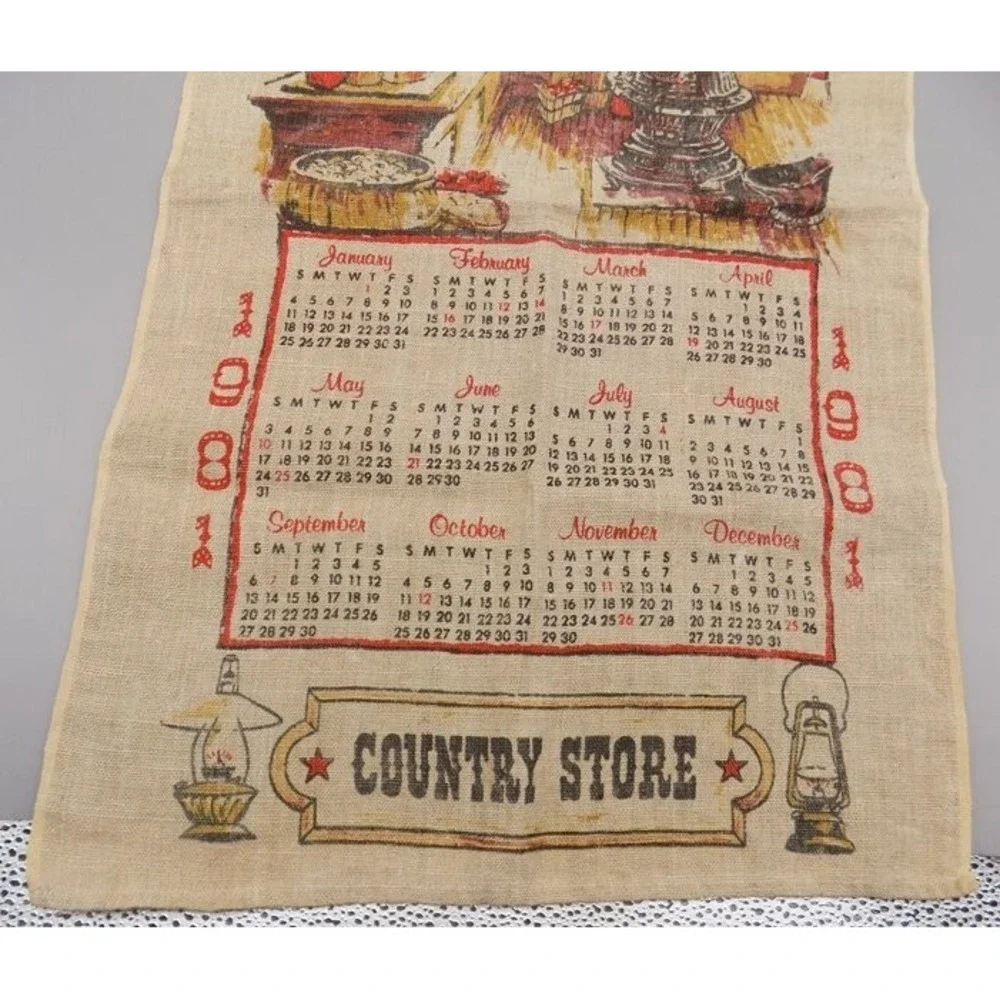 Country Store Linen Dish Towel Calendar 1981 Wall Hanging MCM Rustic Vintage